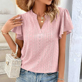 Tops Hollow Solid Elegant T-Shirt Spring Summer V Neck Blouses